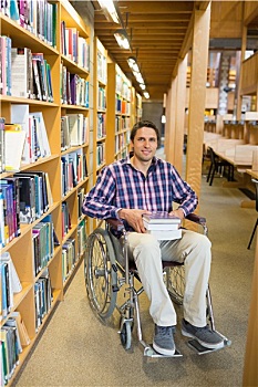 男人,轮椅,书架,图书馆