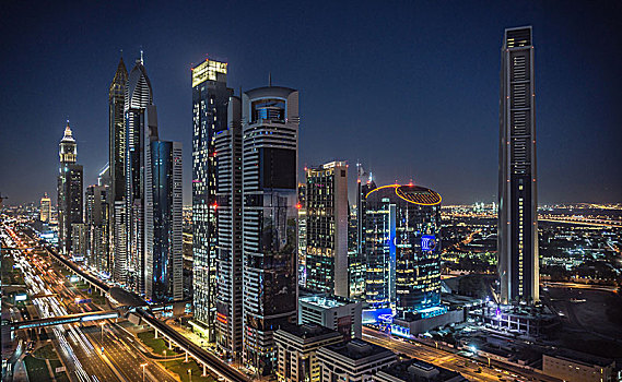 城市,摩天大楼,天际线,夜晚,迪拜,阿联酋