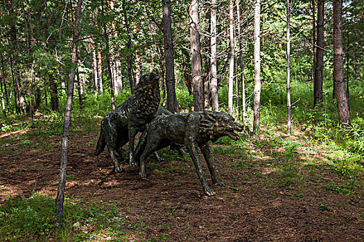 黑龙江省大兴安岭漠河北极村北极沙洲森林里的,狼群,雕塑