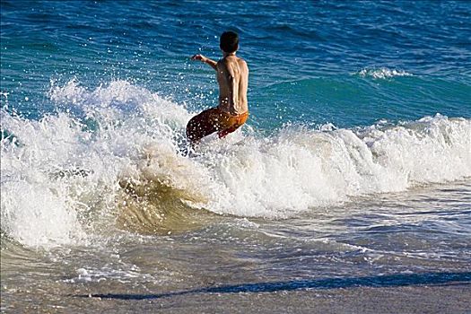 后视图,一个,男人,冲浪板,南海滩,迈阿密,佛罗里达,美国