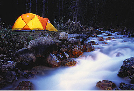 发光,帐蓬,靠近,河流,落基山脉,班芙国家公园,艾伯塔省,加拿大