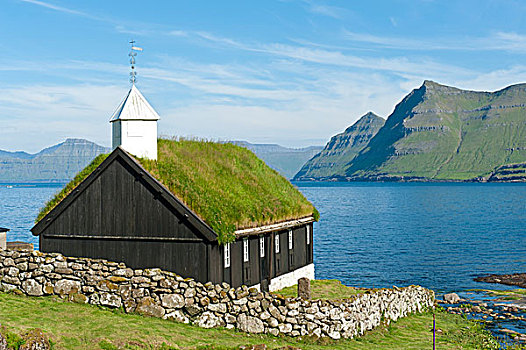 老,木质,教堂,草,屋顶,法罗群岛,丹麦,欧洲