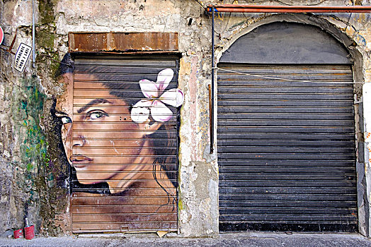 涂鸦,女人,花,头发,地区,广场,巴勒莫,西西里,意大利,欧洲