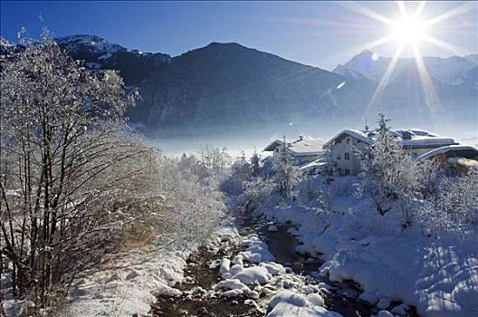 奥地利,提洛尔,山谷,迈尔霍芬,滑雪胜地,乡村,覆雪