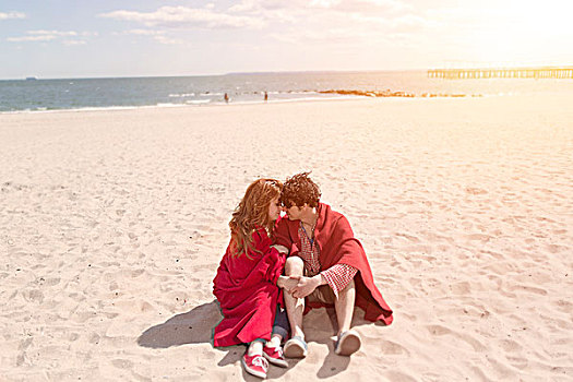 浪漫,情侣,毯子,海滩