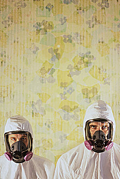两个男人,戴着,防护,清洁,套装,房间,背景,墙壁,装饰,壁纸