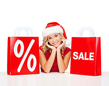 购物,销售,礼物,圣诞节,圣诞,概念,微笑,女人,红裙,圣诞老人,帽子,购物袋