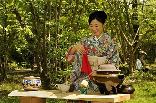 日本人,女人,表演,茶道,植物园,京都,日本,亚洲