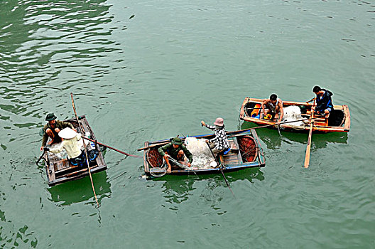 越南,下龙湾,漂浮,乡村,捕鱼,网,特色,船,木头
