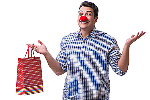 男人,红色,鼻子,有趣,拿着,购物袋,礼物,隔绝,白色背景,背景