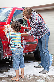 父子,洗,汽车,一起