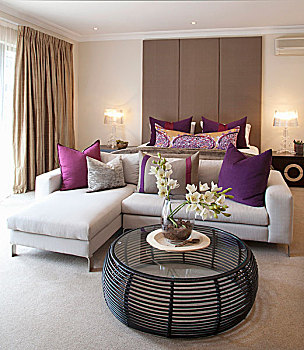 圆,透明,茶几,正面,沙发,组合,优雅,米色,卧室,紫色