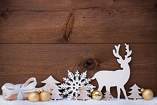 金色,圣诞装饰,雪,树,驯鹿,礼物