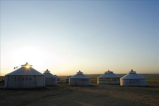 中国,草地,日出,游牧,蒙古包,帐篷