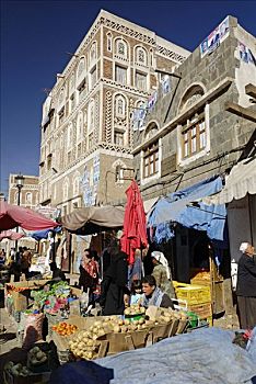 食品摊,市场,萨那,世界遗产,也门,阿拉伯,中东