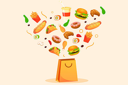 快餐外卖美食能量午餐薯条汉堡垃圾食品插画