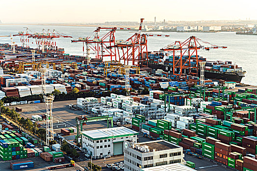 俯拍,货运,港口,堆积,货物集装箱,运输,起重机