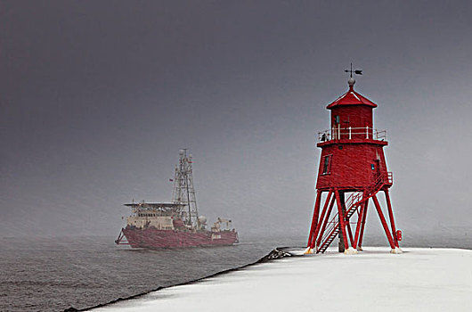红色,灯塔,岸边,冬天,船,室外,水,南,泰恩-威尔,英格兰