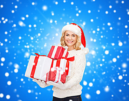 高兴,寒假,圣诞节,人,概念,微笑,少妇,圣诞老人,帽子,礼物,上方,蓝色,雪,背景