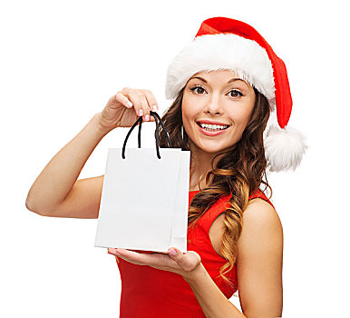 购物,销售,礼物,圣诞节,圣诞,概念,微笑,女人,红裙,圣诞老人,帽子,购物袋