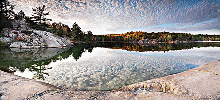 石头,秋天,树,岸边,乔治湖,漂亮,自然,全景,景色,基拉尼省立公园,安大略省,加拿大