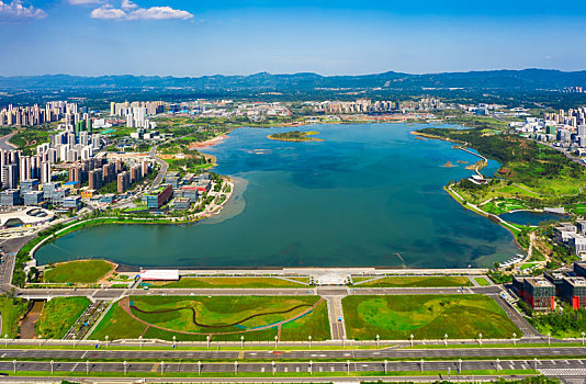 四川省成都市天府新区中国西部,成都,科学城兴隆湖全景航拍图