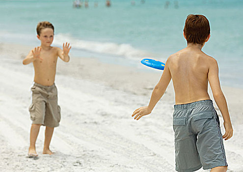 男孩,玩,飞盘,海滩