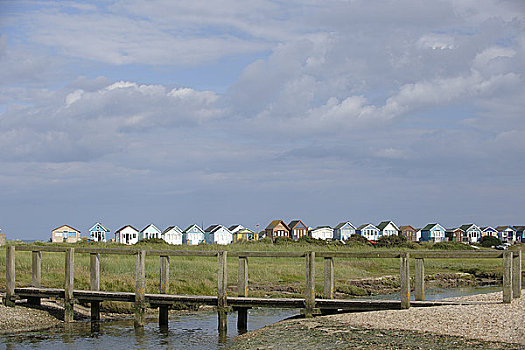 英格兰,木质,人行天桥,上方,河流,两个,英里,海滩小屋,海边,背景