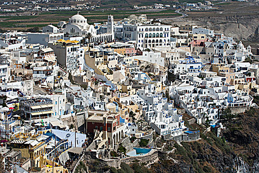 希腊,锡拉岛,俯视,悬崖顶,城镇