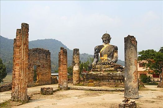老,佛像,柱子,佛教寺庙,毁坏,越战,寺院,老挝,亚洲