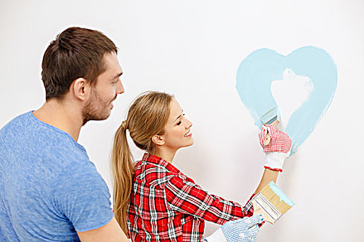 修理,建筑,家,概念,微笑,情侣,上油漆,小,心形,墙壁,在家