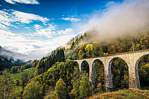 铁路桥,拉文纳,峡谷,秋天,靠近,布赖施高,黑森林,巴登符腾堡,德国,欧洲