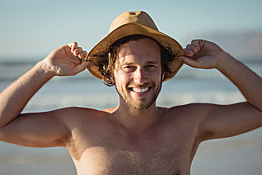 头像,微笑,赤膊,男人,戴着,帽子,海滩