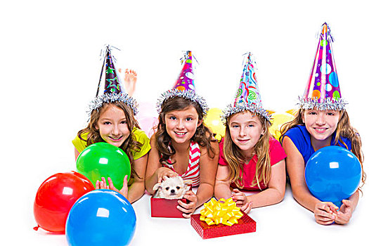 高兴,儿童,女孩,小狗,狗,礼物,生日派对,气球,白色背景,背景