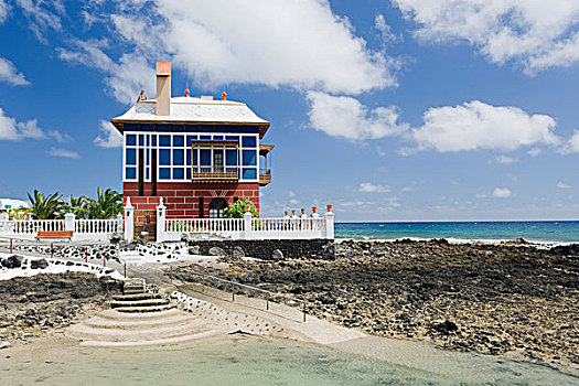 蓝色,房子,兰索罗特岛,加纳利群岛,西班牙,欧洲