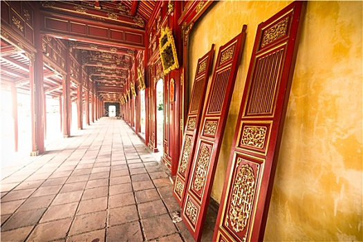 红色,木质,大厅,色调,城堡,越南,亚洲