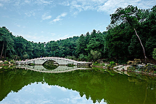 重庆市著名旅游风景区铁山坪池塘边的桥