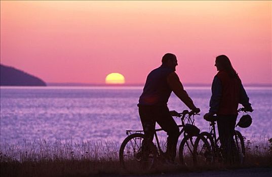 伴侣,自行车,小路,日落,特纳甘湾