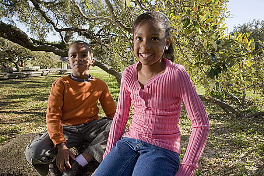 肖像,美国黑人,孩子,坐在树上,树干,公园,看镜头