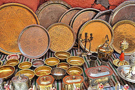 雕刻,黄铜,盘子,售出,露天市场,市场,集市,玛拉喀什,摩洛哥,非洲