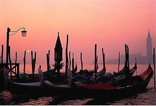 剪影,小船,日落,威尼斯,意大利