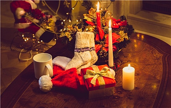 照片,圣诞节,蜡烛,打开,羊毛袜
