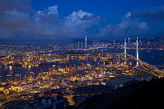 远眺,桥,货物码头,夜晚,香港