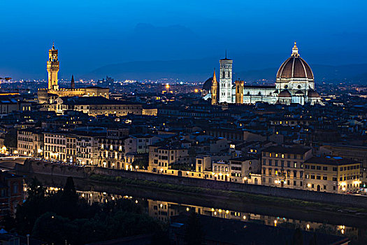 城市,大教堂,韦奇奥宫,傍晚,佛罗伦萨,托斯卡纳,意大利,欧洲