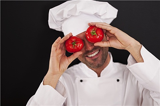 高兴,厨师,遮盖,眼睛,西红柿