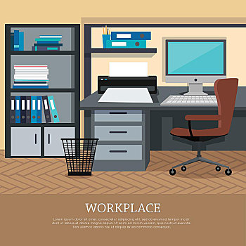 工作场所,概念,矢量,网络,旗帜,公寓,设计,风格,办公室,扶手椅,电脑显示器,书桌,架子,文件,舒适,地点,工作,现代,商务