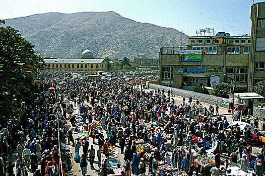 人,喀布尔,一堆,中心,城市,街道,出售,销售,商品,阻挡,重,塞车,买,不同,物品,准备,阿富汗,十月,2007年