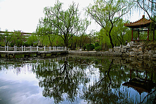中國古典園林湖泊中的石板橋和涼亭