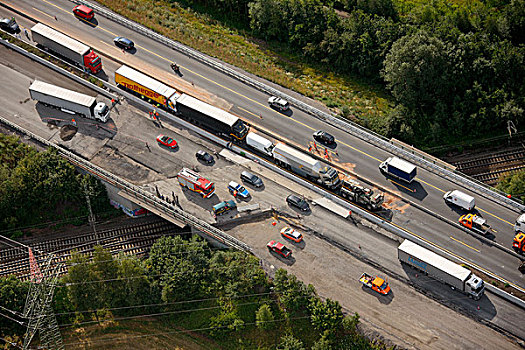 航拍,交通,后背,向上,意外,卡车,公路,高速公路,哈姆,鲁尔区,北莱茵威斯特伐利亚,德国,欧洲