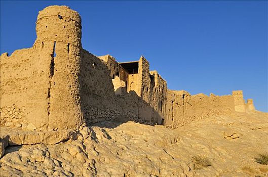 遗址,历史,砖坯,城墙,靠近,哈迦,加尔比,山峦,区域,阿曼苏丹国,阿拉伯,中东
